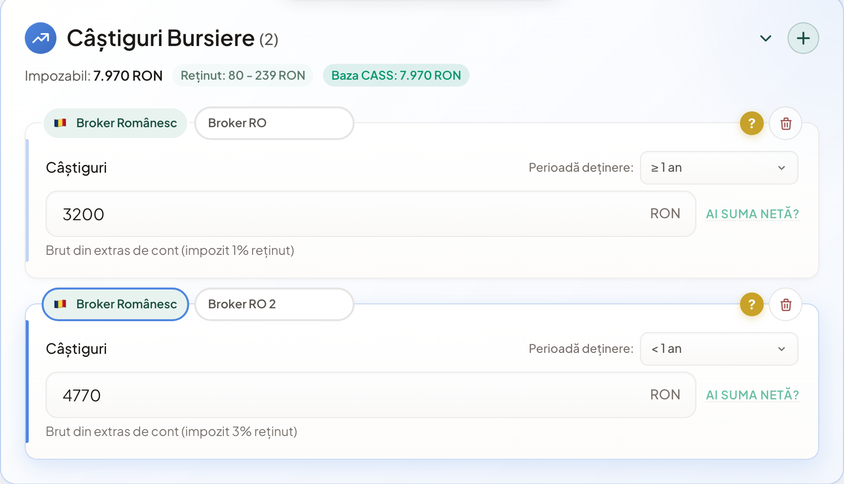 Calculator impozite online — secțiunea Câștiguri Bursiere completată cu 3.200 RON (≥1 an) și 4.770 RON (<1 an)