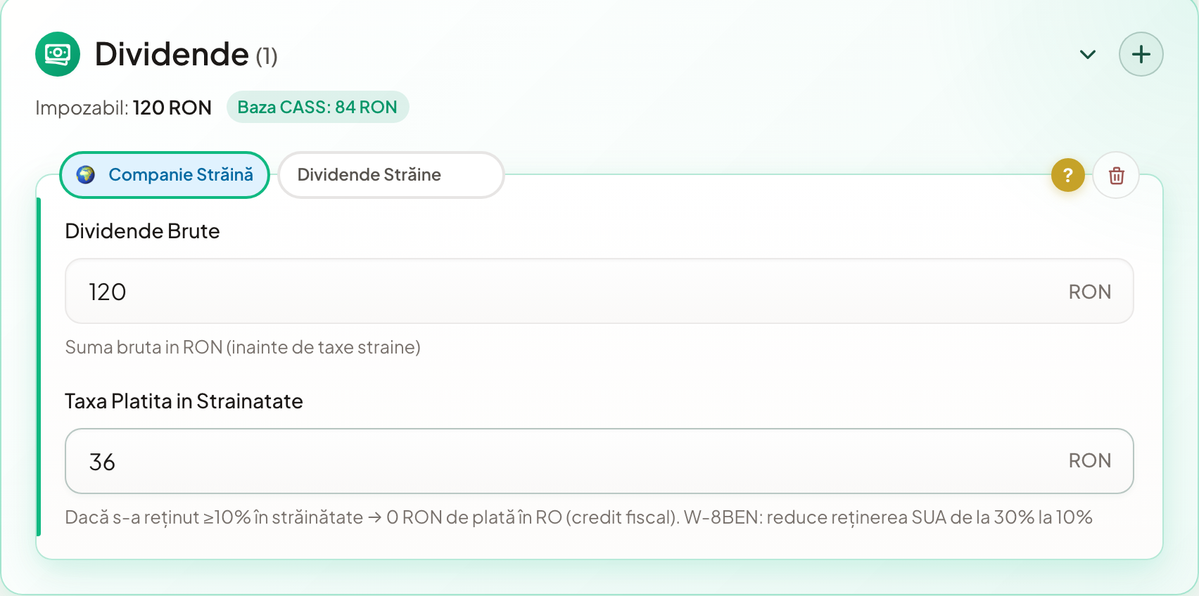 Calculator impozite online — secțiunea Dividende Străine completată cu 120 RON brut și 36 RON taxă reținută
