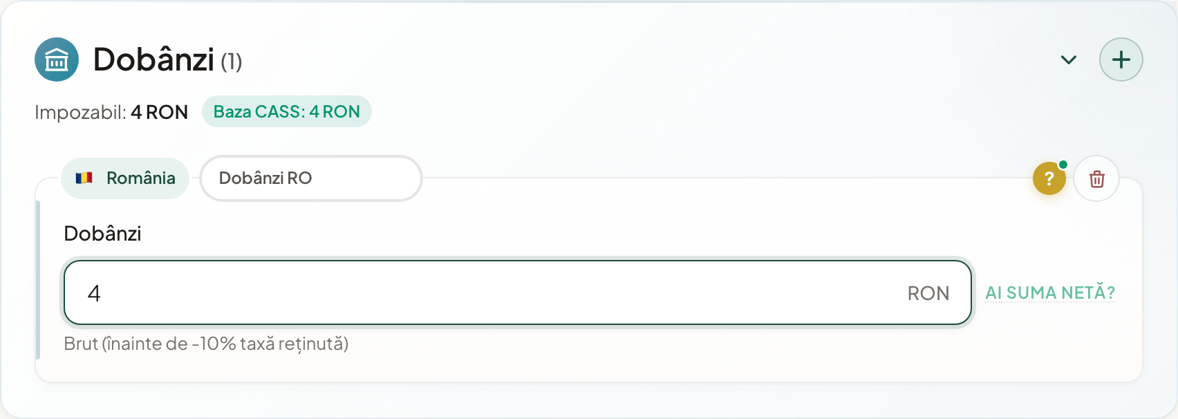 Calculator impozite online — secțiunea Dobânzi completată cu 4 RON (rotunjit din 3,80), Bancă Românească